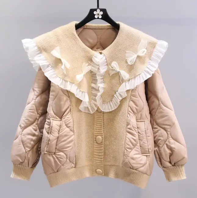 Bow Doll Collar Cotton Padded Coat for Women Winter New Loose Solid Parkas Female Long Sleeve Casual Jacket
