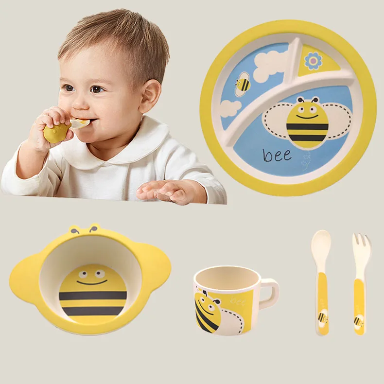 Factory Price Plastic Dinner Set Anti Falling Melamine Dinner Sets Utensils 5pcs Cartoon Baby Children Bamboo Dinnerware