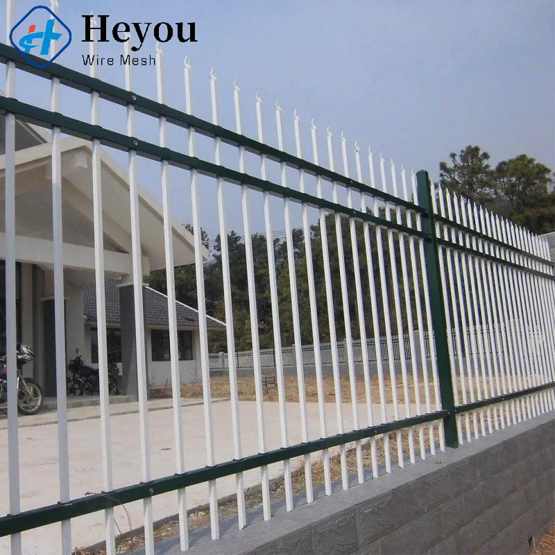 Customized Outdoor Garden Iron Picket Fence Zinc Steel Metal Fencing With Post Caps