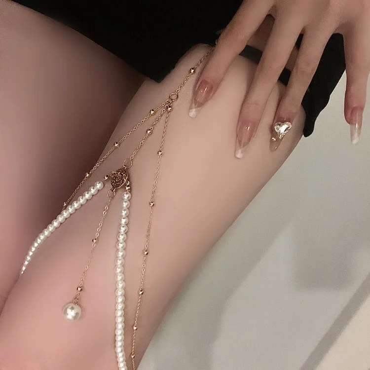 Simple Multi-Layer Pearl Chain Leg Chain Female INS Style Creative Personality Long Leg Chain With Snake And Pearl