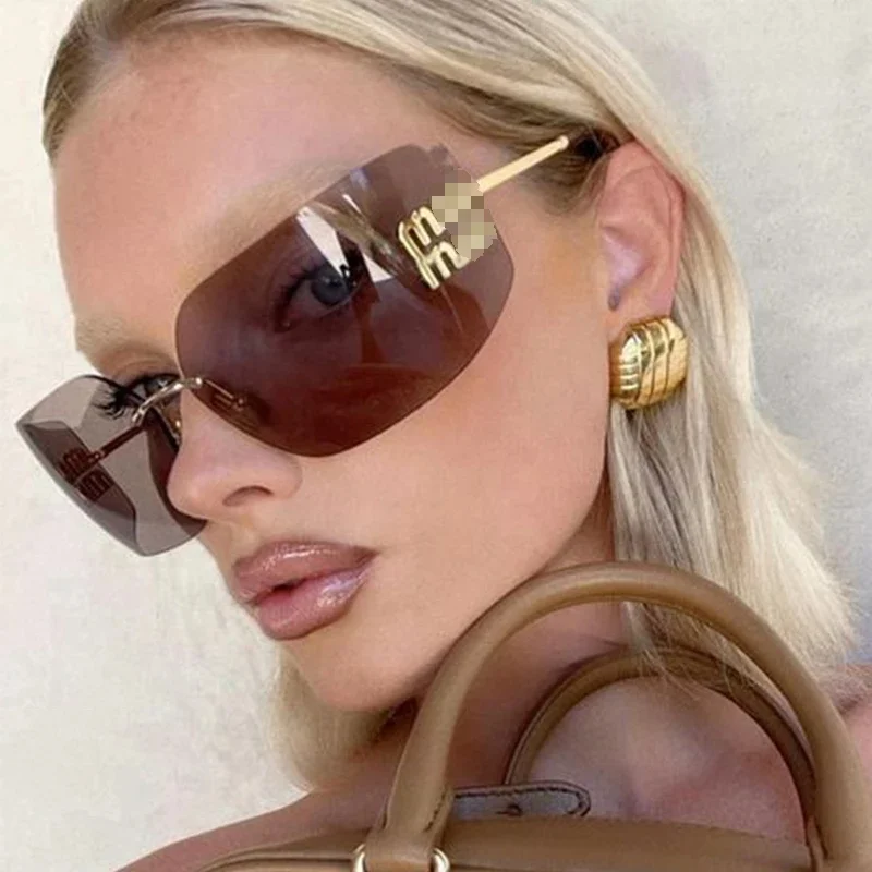 8849 New Arrivals 2024 Luxury Brand Curved Lens Rimless Square Y2K Sunglasses For Women