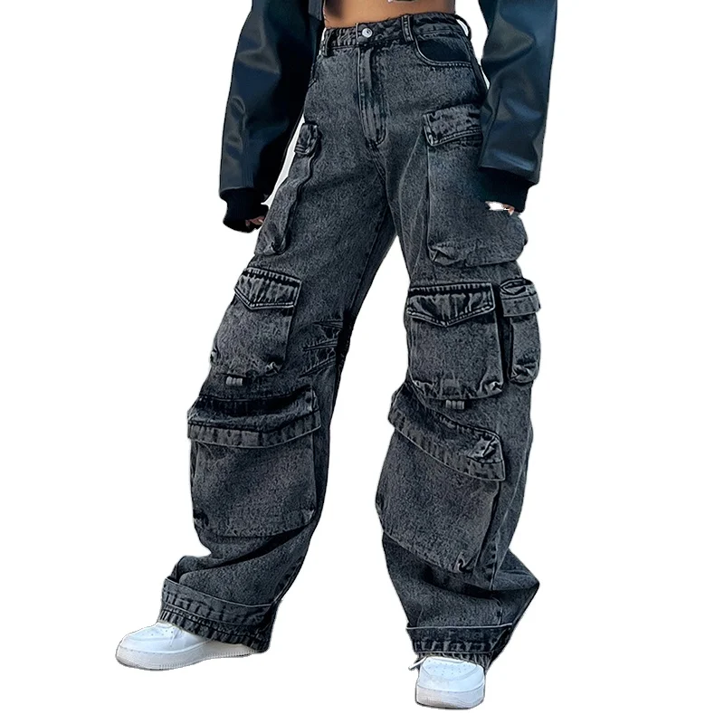 TWOTWINSTYLE High Waist Patchwork Multi-pocket Design Jeans Cargo Pants For Women