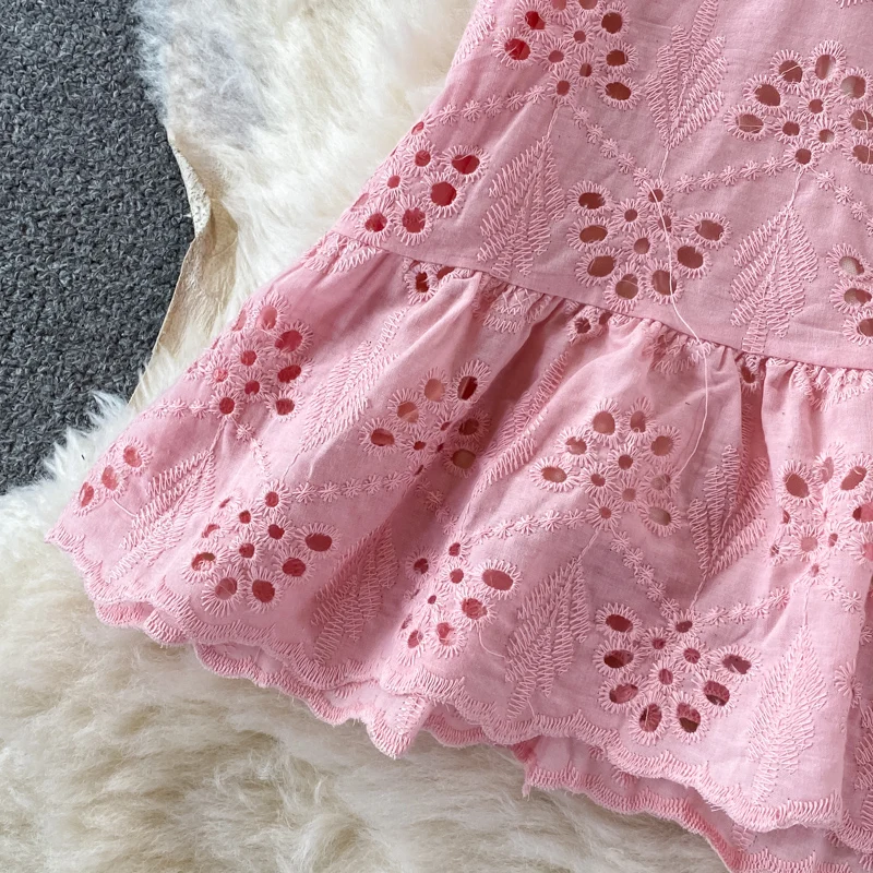 Summer ANSZKTN Square Collar Puff Sleeve Hollow Dress Fairy Style Crocheted Ruffled Slim Fit Sheath Dress Short Sleeve Dress