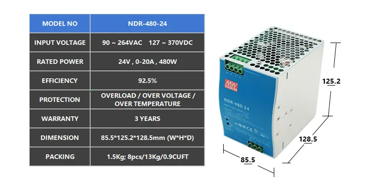 MEANWELL NDR-480-24 Best Portable Power Supply 24v 20a Class 2 Power Supply