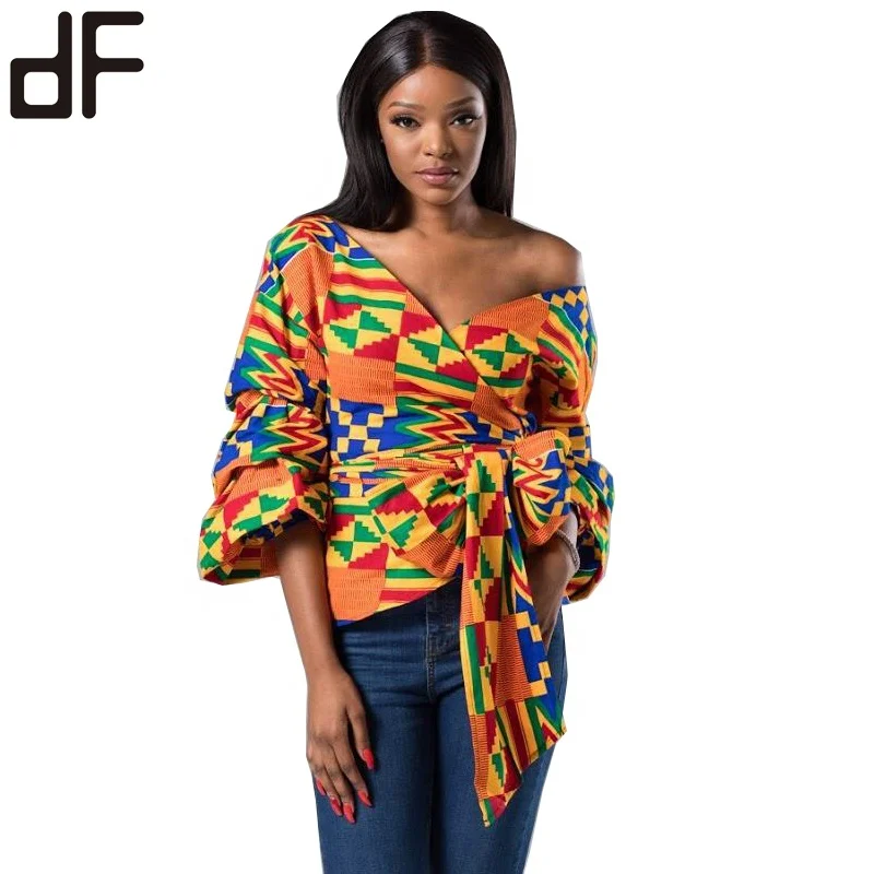 cheap good quality african geometric print blouses with bow tie lantern long sleeve v neck traditional african dashiki shirts