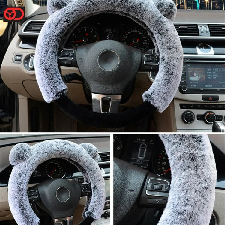 
New Auto Spare Parts Fur Wool Fluffy Car Accessories Warm Plush Car Steering Wheel Cover Gray for Accesorios Para Autos 
