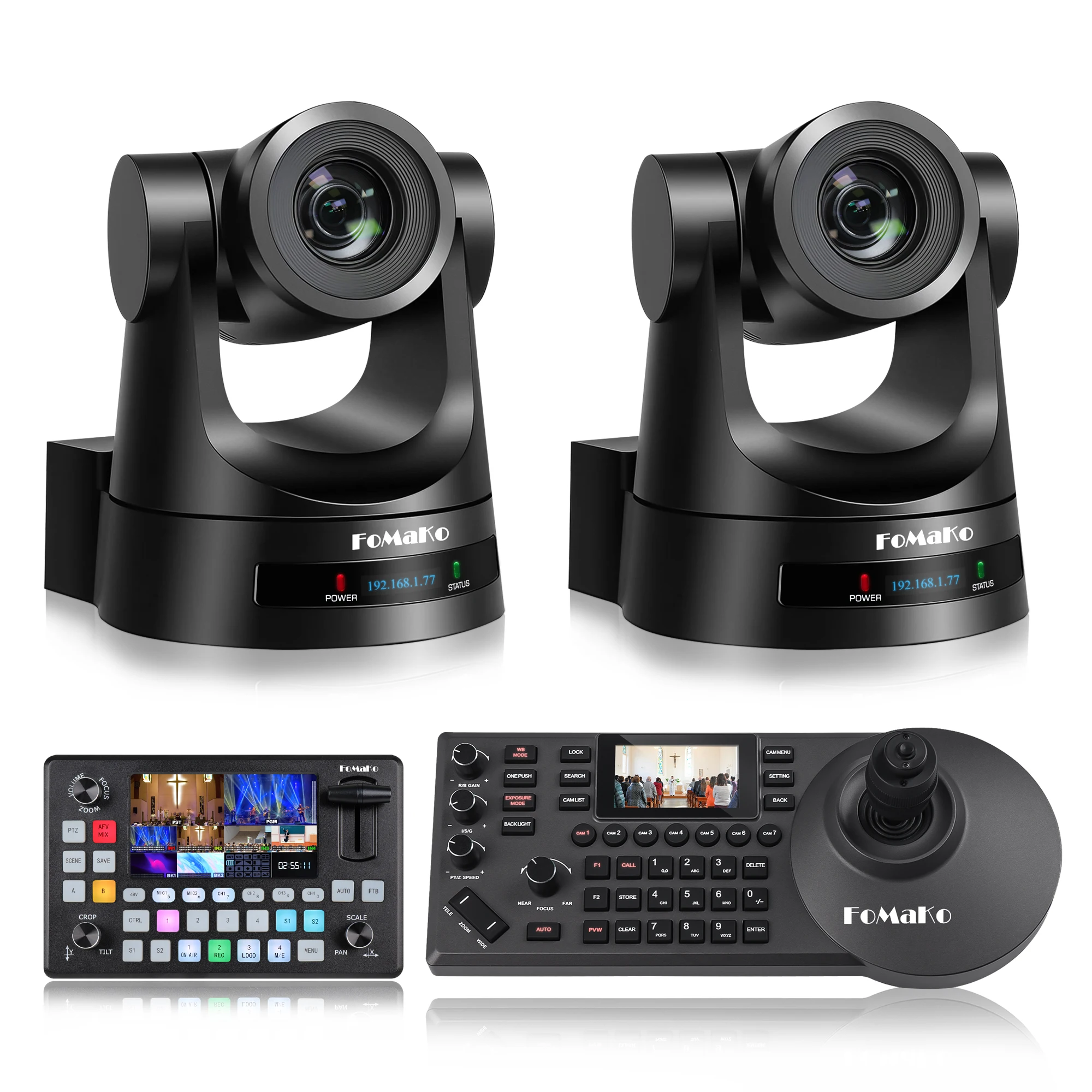 BH420 PTZ Camera Bundle 20X HDMI 3G-SDI IP PoE PTZ Camera for Church Worship(2pcs) +1* Video Mixer Switcher+1*PTZ Controller