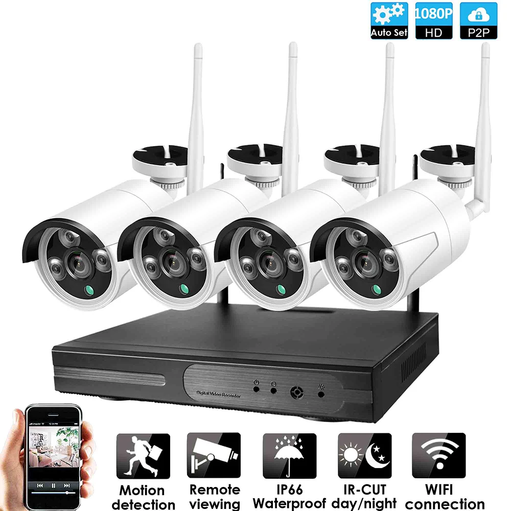 Wireless Security Camera System 4pcs WiFi H.265 PoE Bullet 1080P Cameras with Person Vehicle Detection for 24-7 Recording CC501