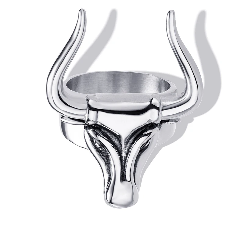 Hot sale Stainless Steel Zodiac Bull Head Ring Vintage Men Jewelry Long-horned bull head Finger Ring