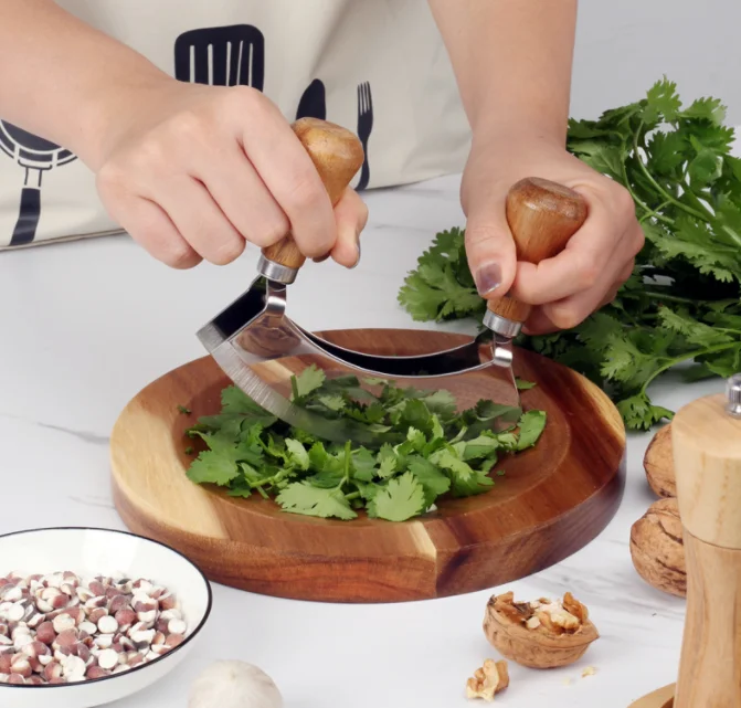New Design Creative Factory Manufacture 5 inch Wooden Handle Double Blade Mincing Rocking Chopper Wooden Tray