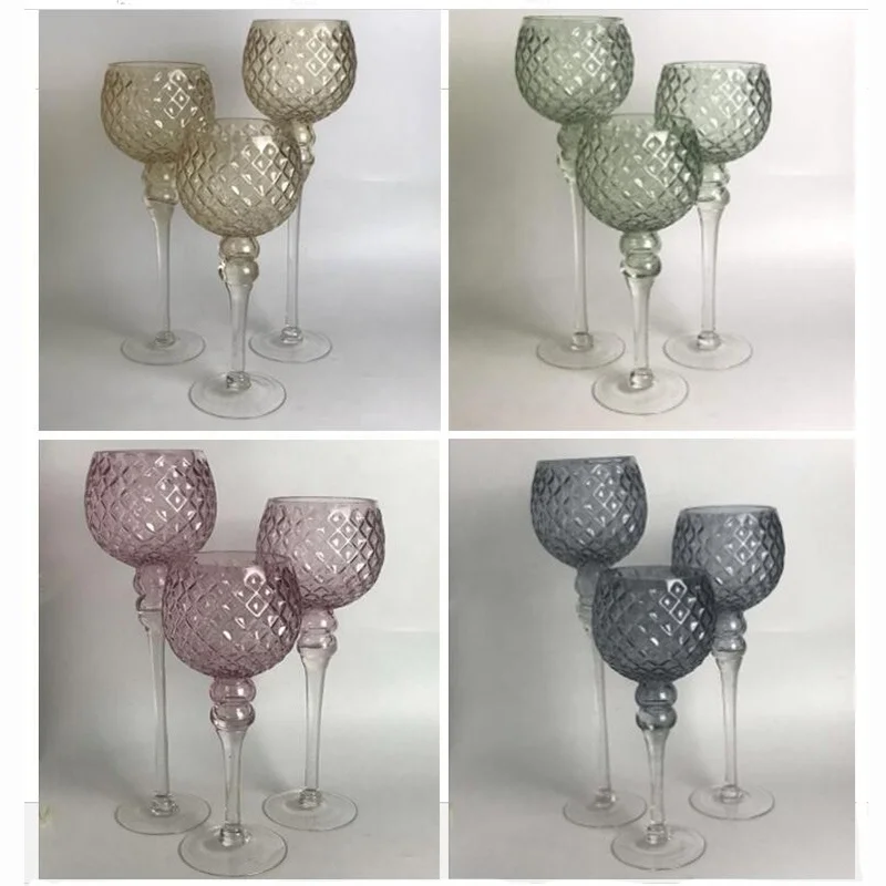 Set of 3 Small diamond pattern yellow-green glass Long Stem Candle Holder