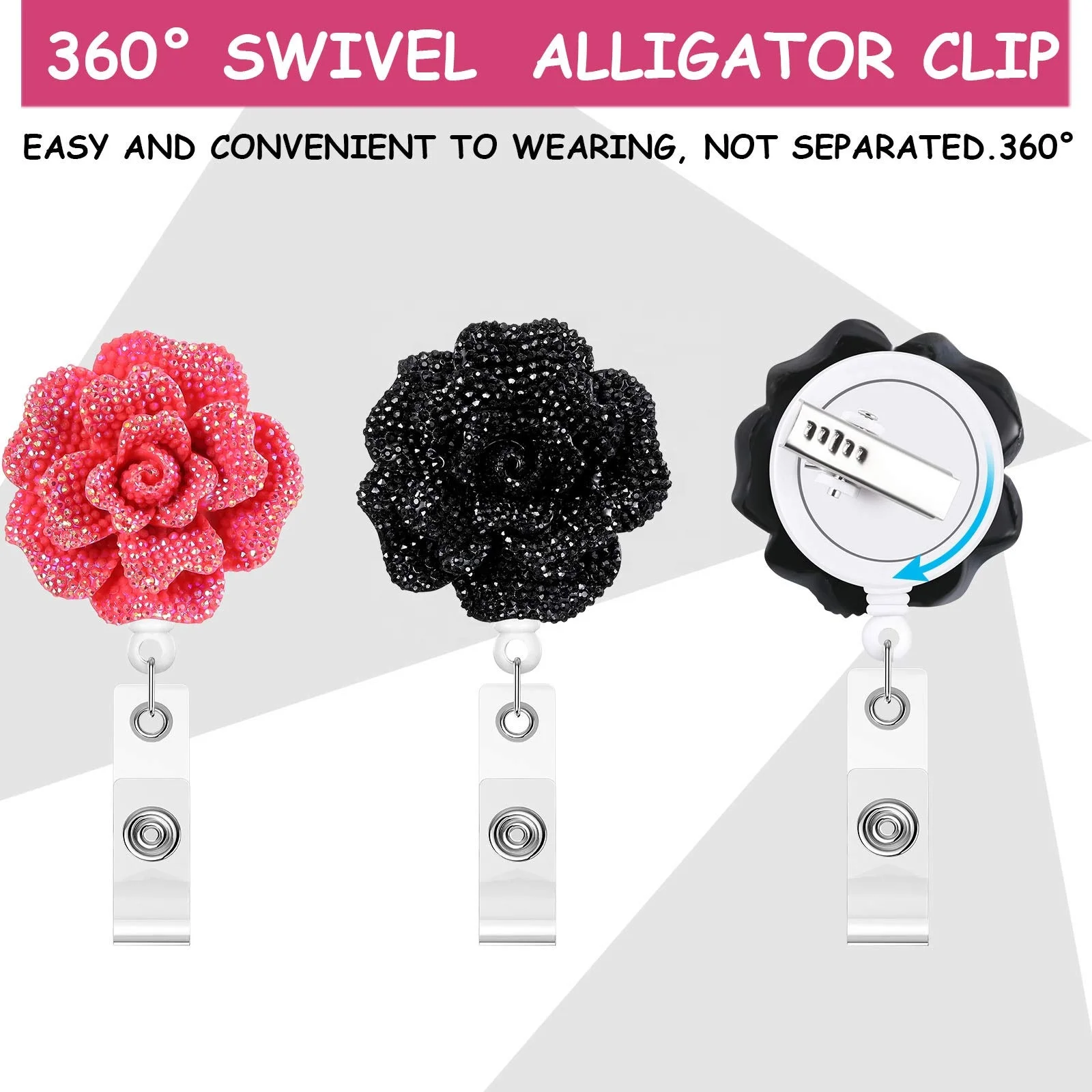 Glitter Flower Nurse Badge Reel Decorative Badge Holder Retractable ID Badge Reels Holder with Alligator Clip