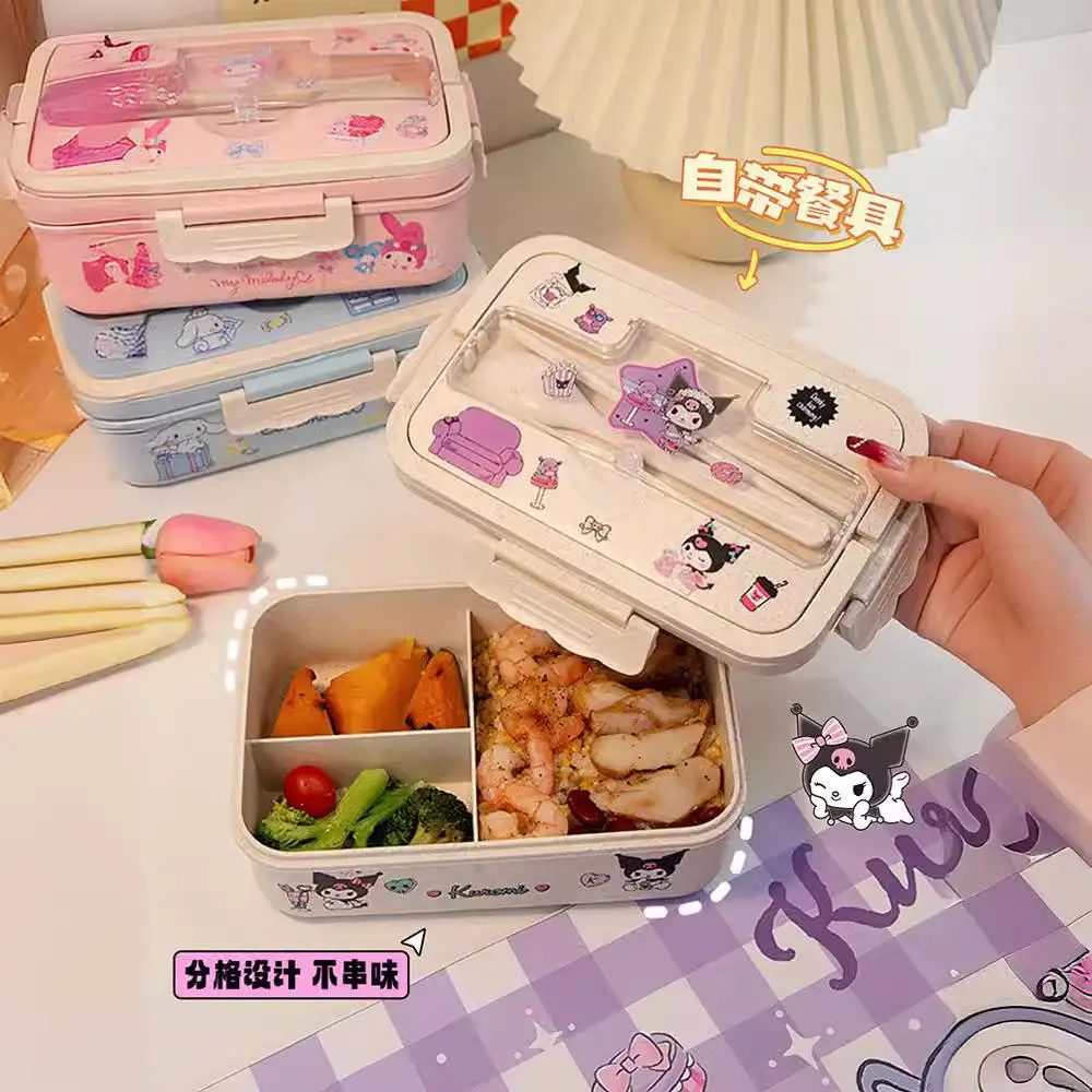 RuunJ Kuromi Lunch Box Kawaii Anime Cinnamoroll Melody Sealed Leak-Proof Food Container Cutlery Cartoon Outdoor Picnic Bento Box