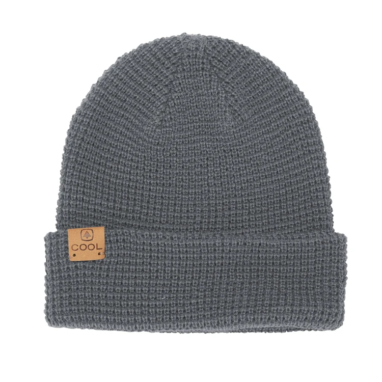 Wholesale Custom High Quality Cheap Leather Patch Logo Waffle Knitted Beanies Hats