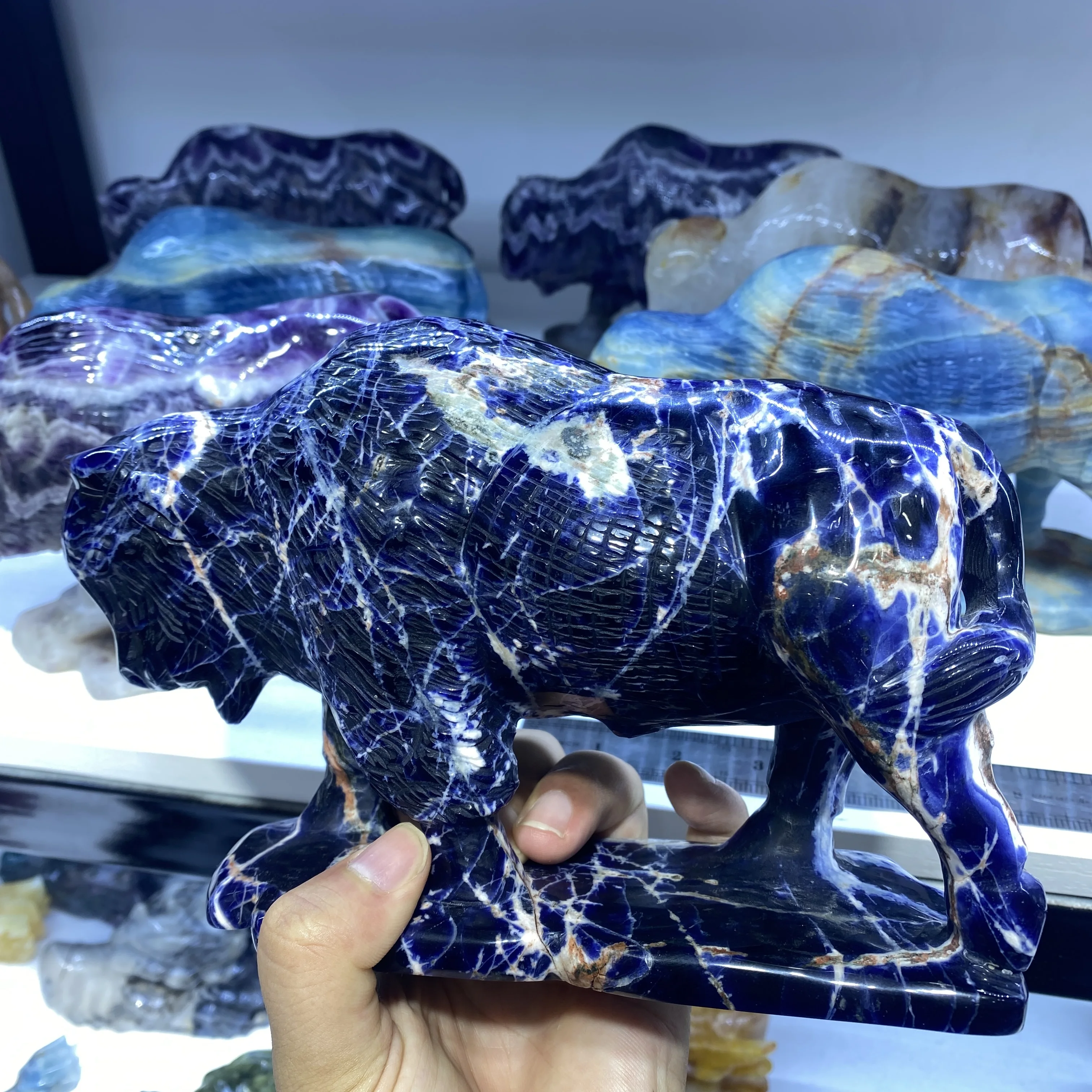 High Quality crystal buffalo hand carved Natural sodalite stone yak Carving Craft for decoration