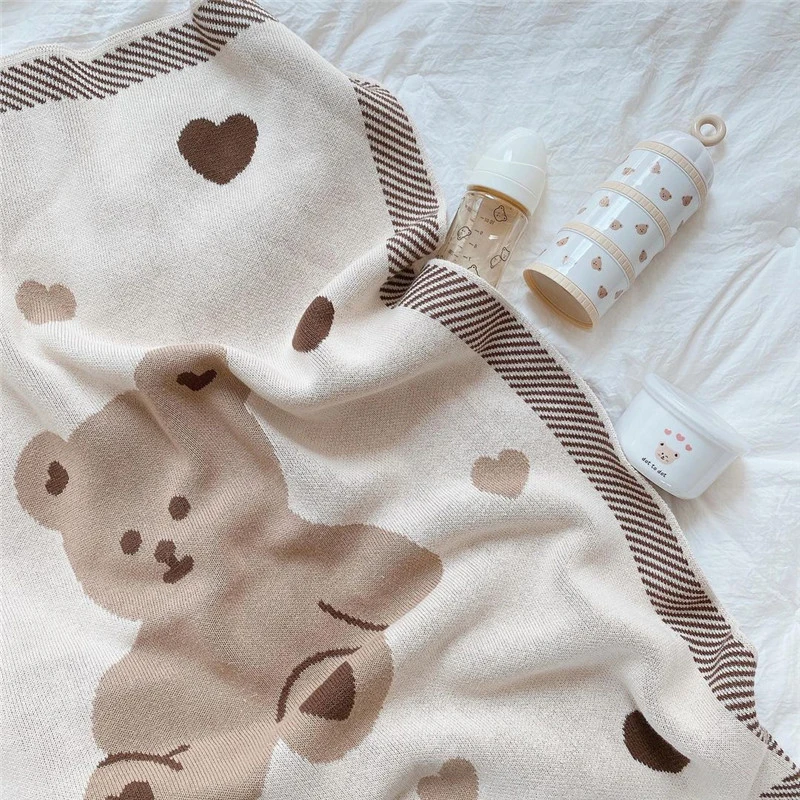 2023Hot Sale Wholesale Price Baby Blanket 100% Cotton Solid Color Newborn Baby Animal  Knitted Bear Blanket Super Soft