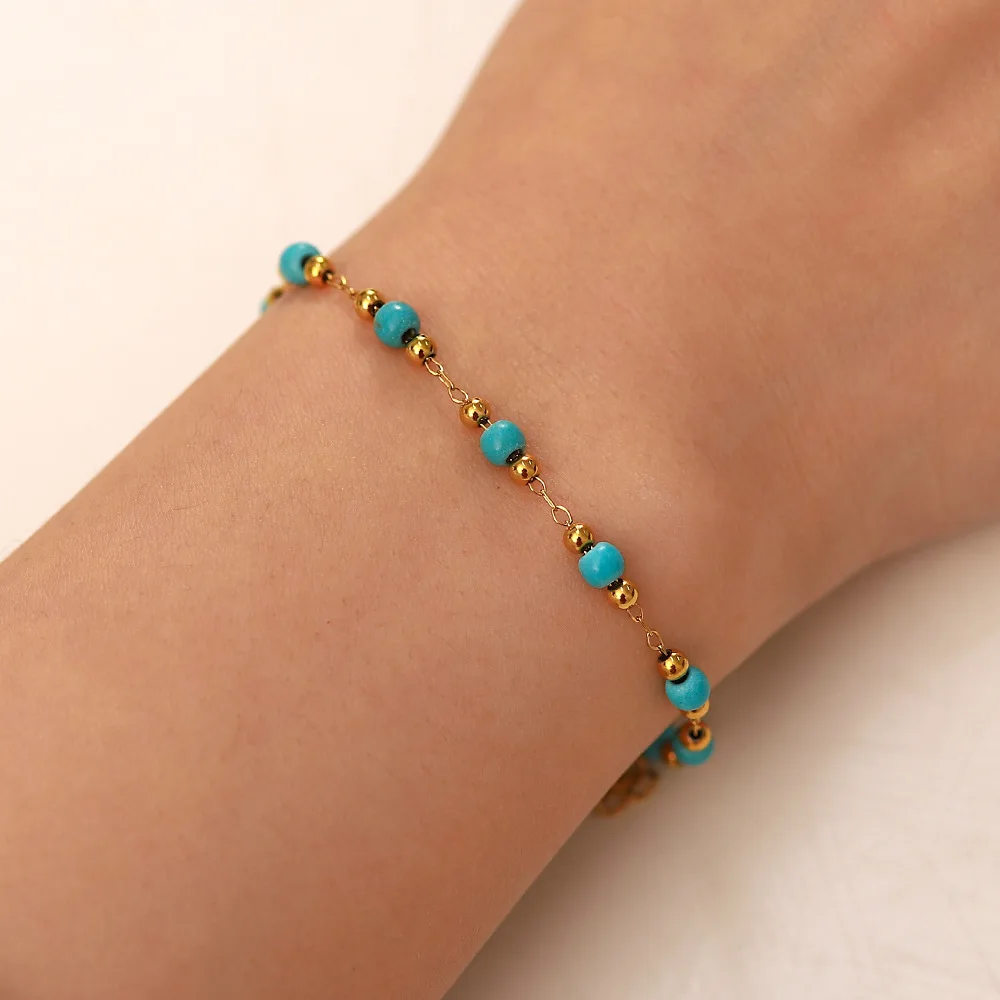 Bohemia Tarnish Free PVD 18k Gold Plated Women Stainless Steel Turquoise Fashion Jewelry Beaded Chain Bracelets