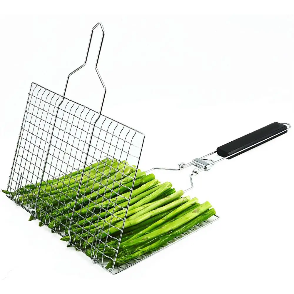 Amazon Hot Sale Portable 430 Stainless Steel Vegetable BBQ Grilling Basket with Removable Wooden Handle