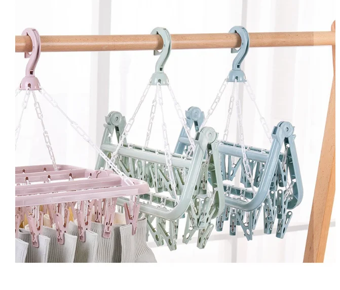 MJ Hot Selling Foldable Clothes Plastic Hanger For Scarf Socks Hook And Underwear Hanger With 32 Clips With Best Price
