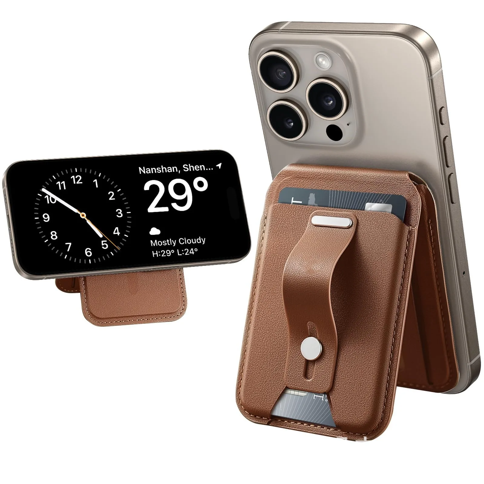 Adjustable Stand 5 Card Holder Genuine Leather MagSafe Wallet Secure Grip Finger Loop Magnetic Wallet for iPhone 16/15/14/13/12