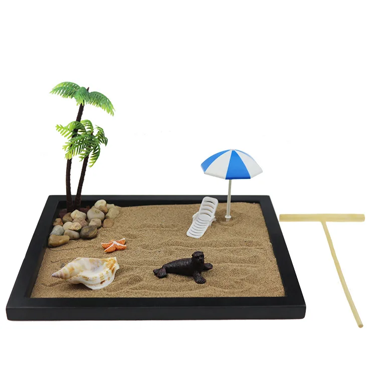 Japanese Ocean Style Zen Garden Kit Zen Sand Garden Box for Home Office Decor - Tray,Tools,Sand,Palm Tree,Starfish,Conch&Stone