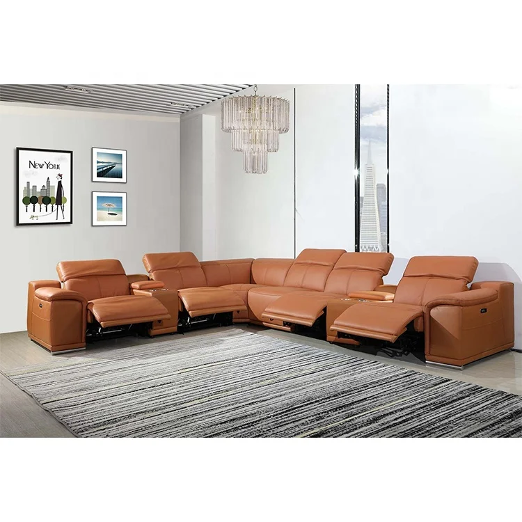 Recliners set corner sectional recliner sofa luxury living room furniture dual power electric reclining leather sofa brown