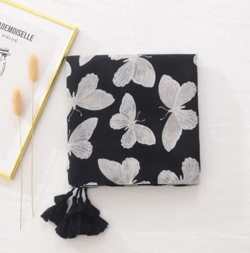Custom Logo wholesale women long fashion white butterfly scarves polyester printed scarf with tassels
