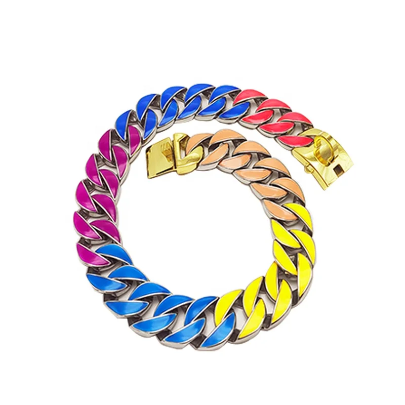 New Hot Sale Luxury Gold Stainless Steel Pet Collar 32mm Colourful Glowing Cuban Chain Metal Dog Collar For Bulldogs