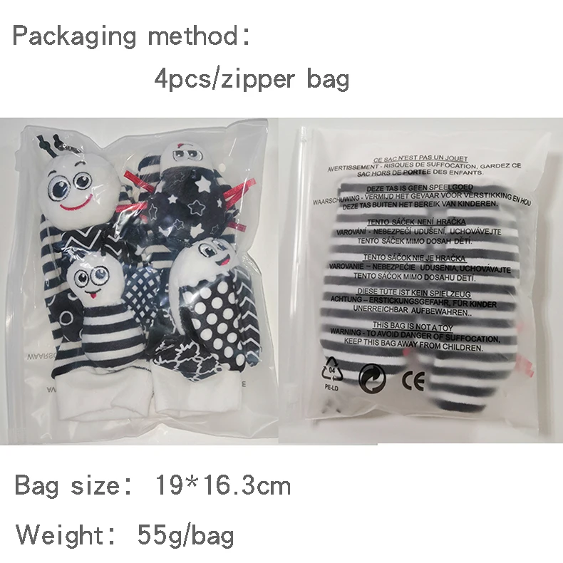 4 in 1 New style Black and white bee ladybug wrist socks rattle baby foot rattle  crinkly paper baby toy D905A