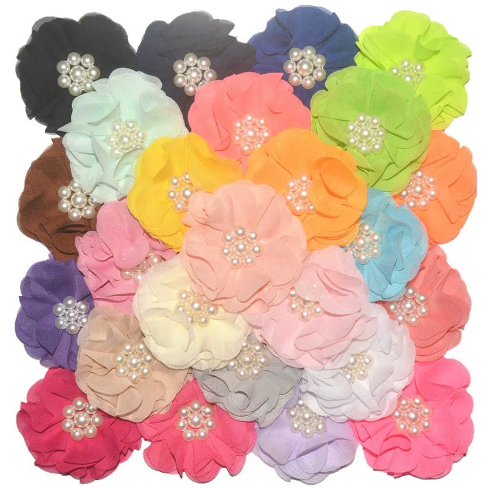 3' (7.5cm) Multi-layer Pearl Beaded Chiffon flower Without Hair Clip Girl Lovely Hair Accessories 30 Colors