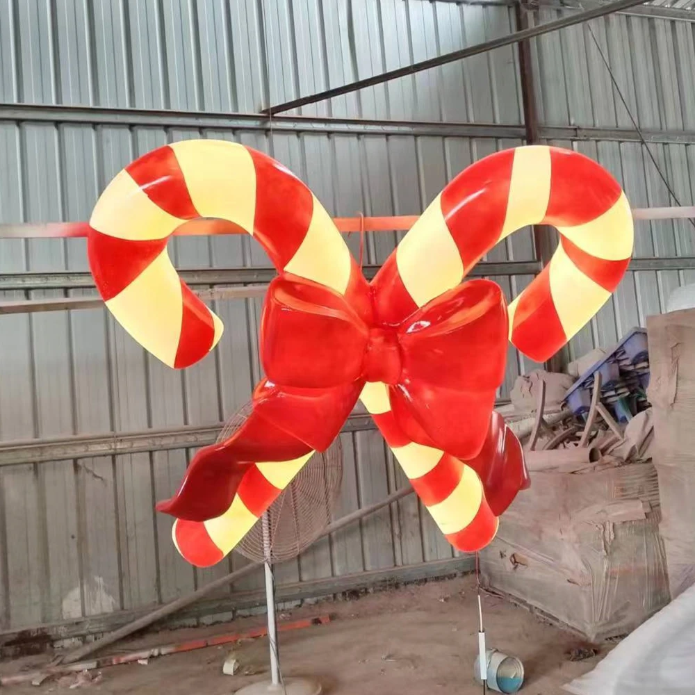 Advertising Display Props Christmas Decor Fiberglass Light Up Red & White Candy Canes with Lights for Sale