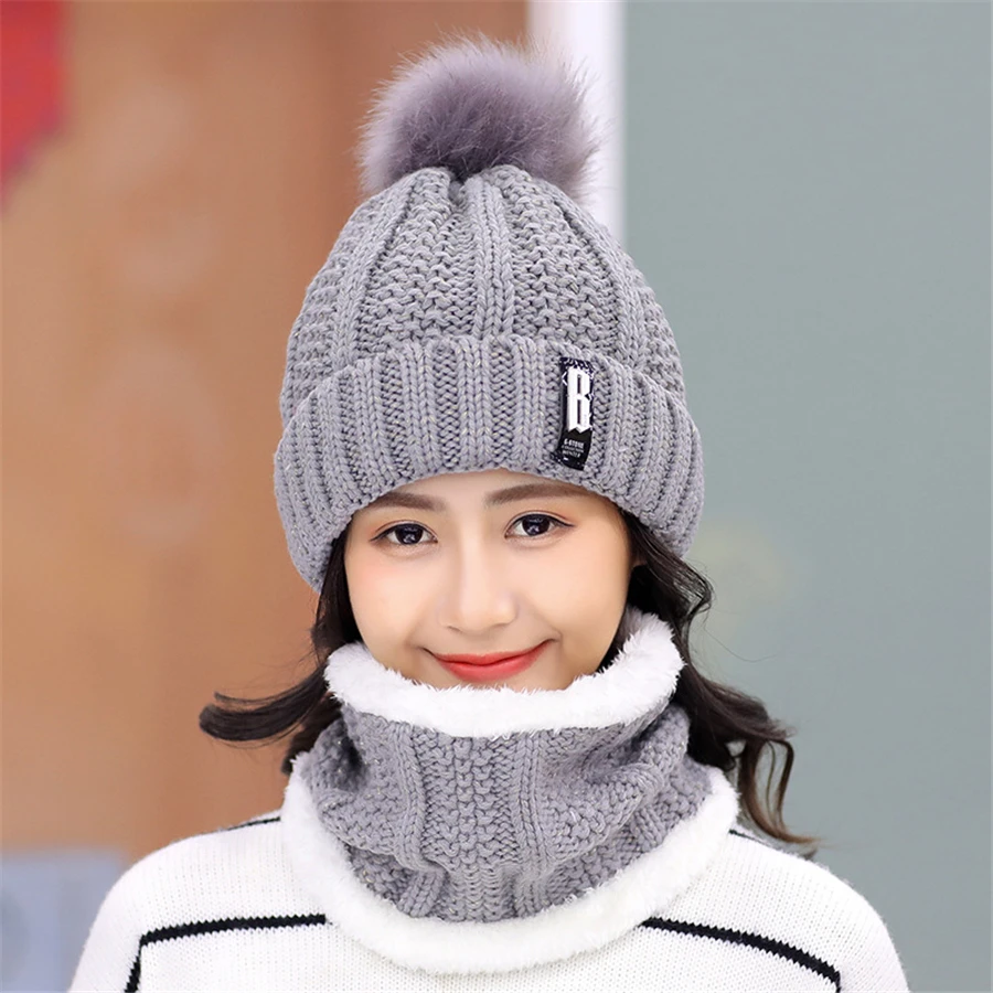 Winter Women Knitted Beanie Hat Female Letter Bonnet Beanie Caps Girls Warm Knitted Scarf Hat Set Custom Logo