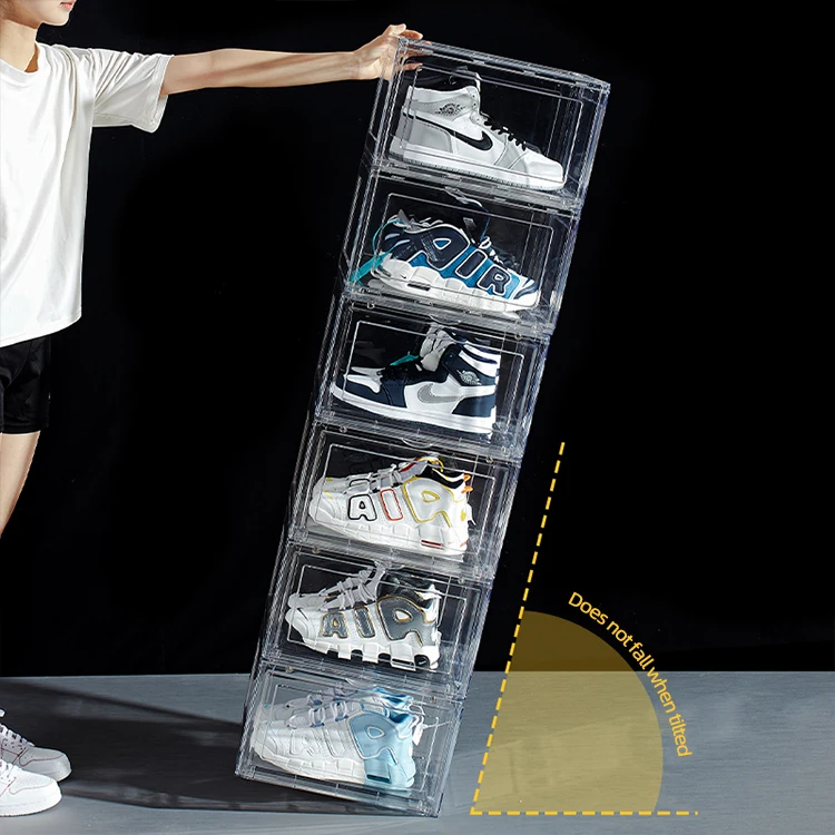 Ready to ship High Quality Transparent Detachable Stackable Large Plastic PET Storage Sneaker Shoe Box with Magnetic Door