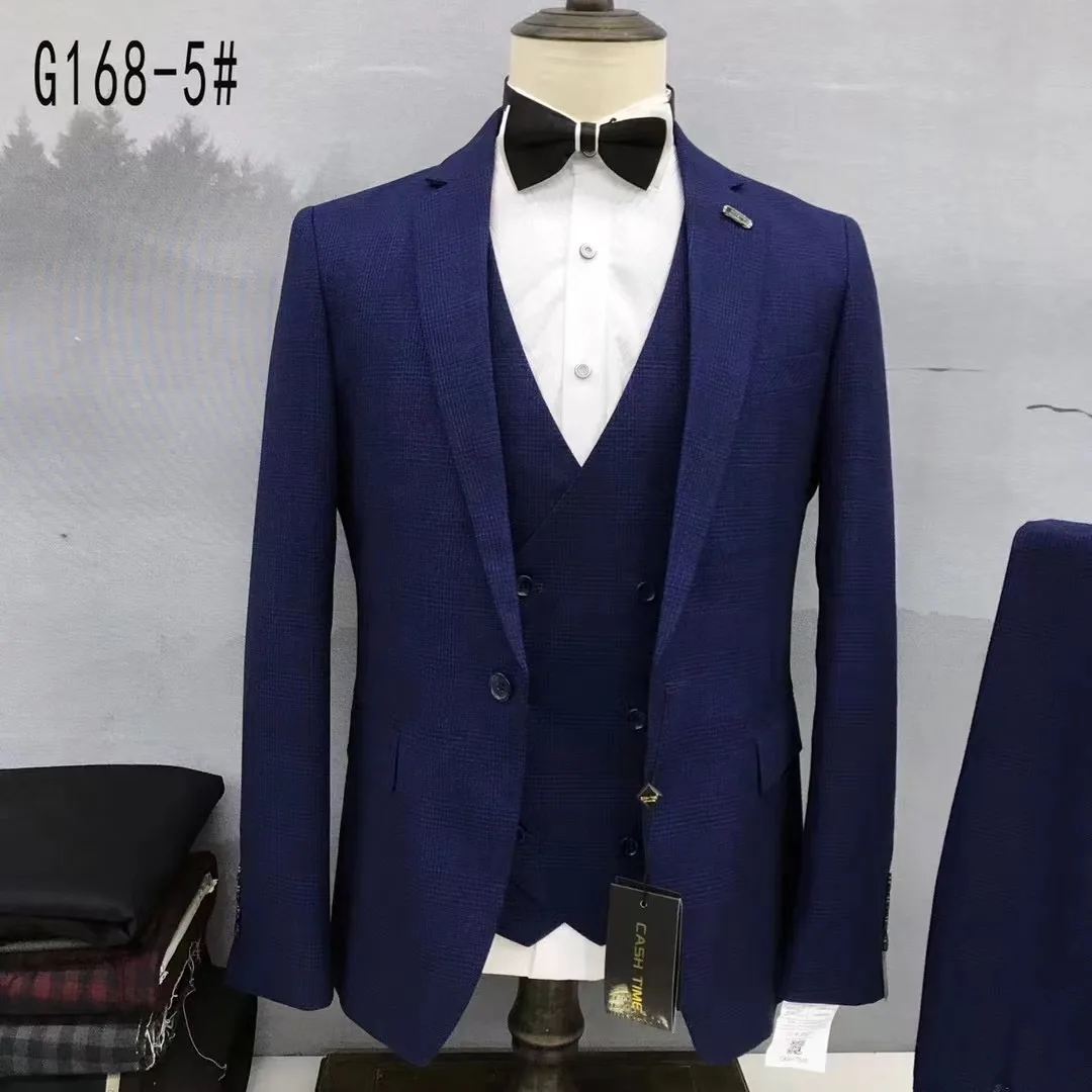 Men Business Plaid Big Lapel Groom Wedding Formal Dress 3 Pcs Suit Set Blazers Coat Vest Pants in stock