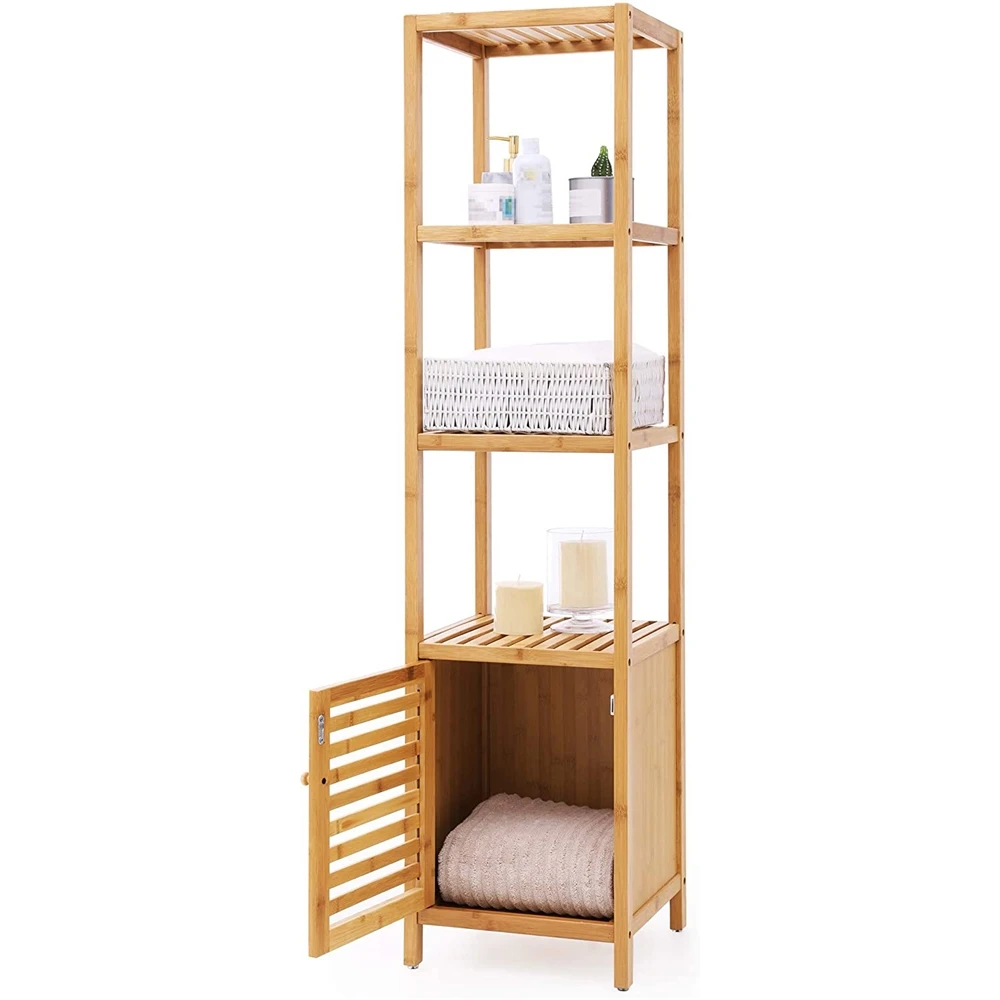 Standing Bamboo Bathroom Storage Ladder Towel Shelf with Mirror
