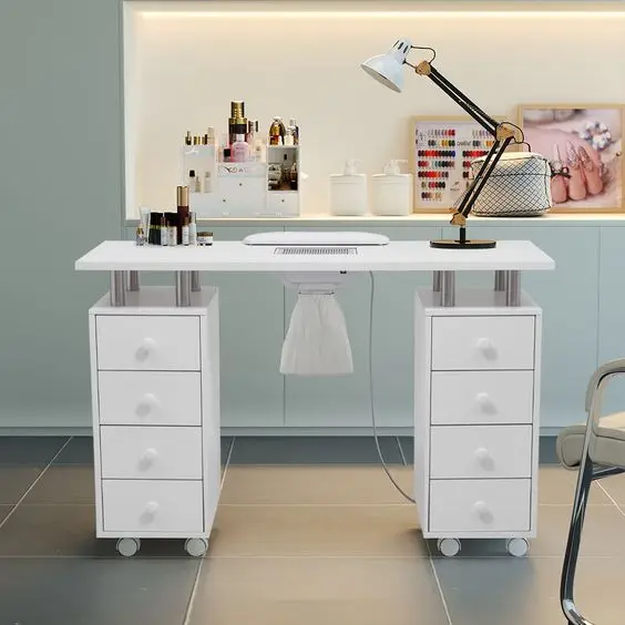 Factory Price More Design Beauty Salon Furniture Glass Top Portable High Gross Spa White Nail Station Manicure Table With Fan