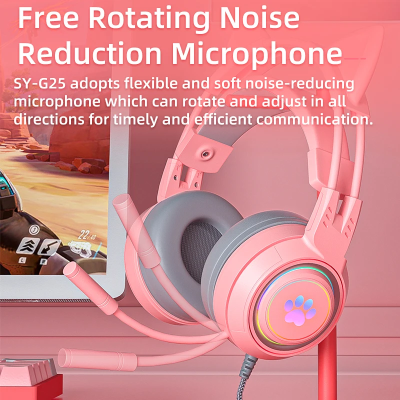 soyto G25 50mm LED light cat ear headset with microphone A gaming luminous headset designed for gamers, girls and boys