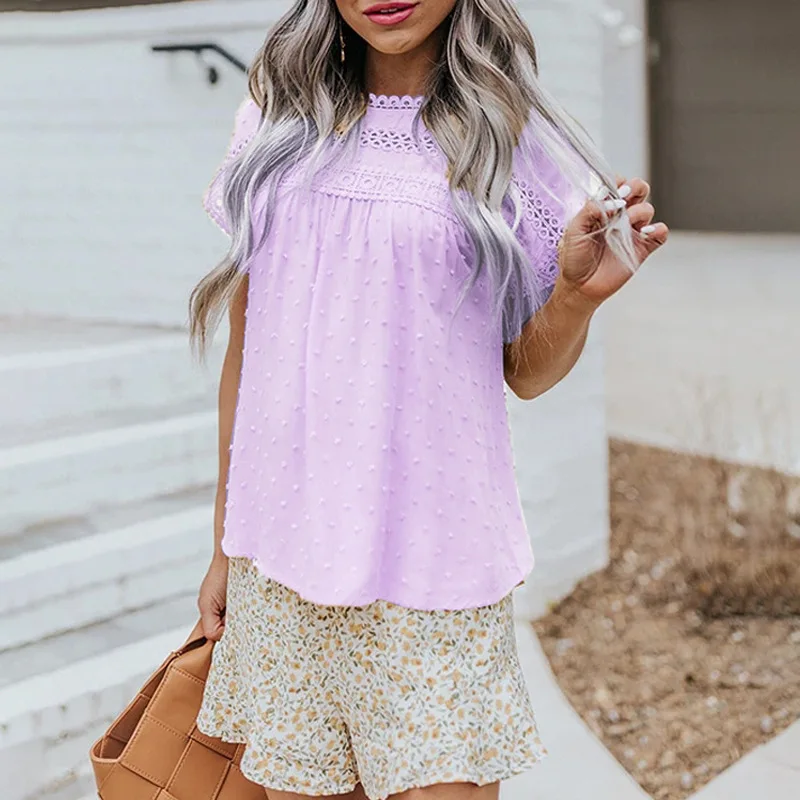 European And American Round Neck Shirt Lace Crochet Pompom Short Sleeve Casual Tops