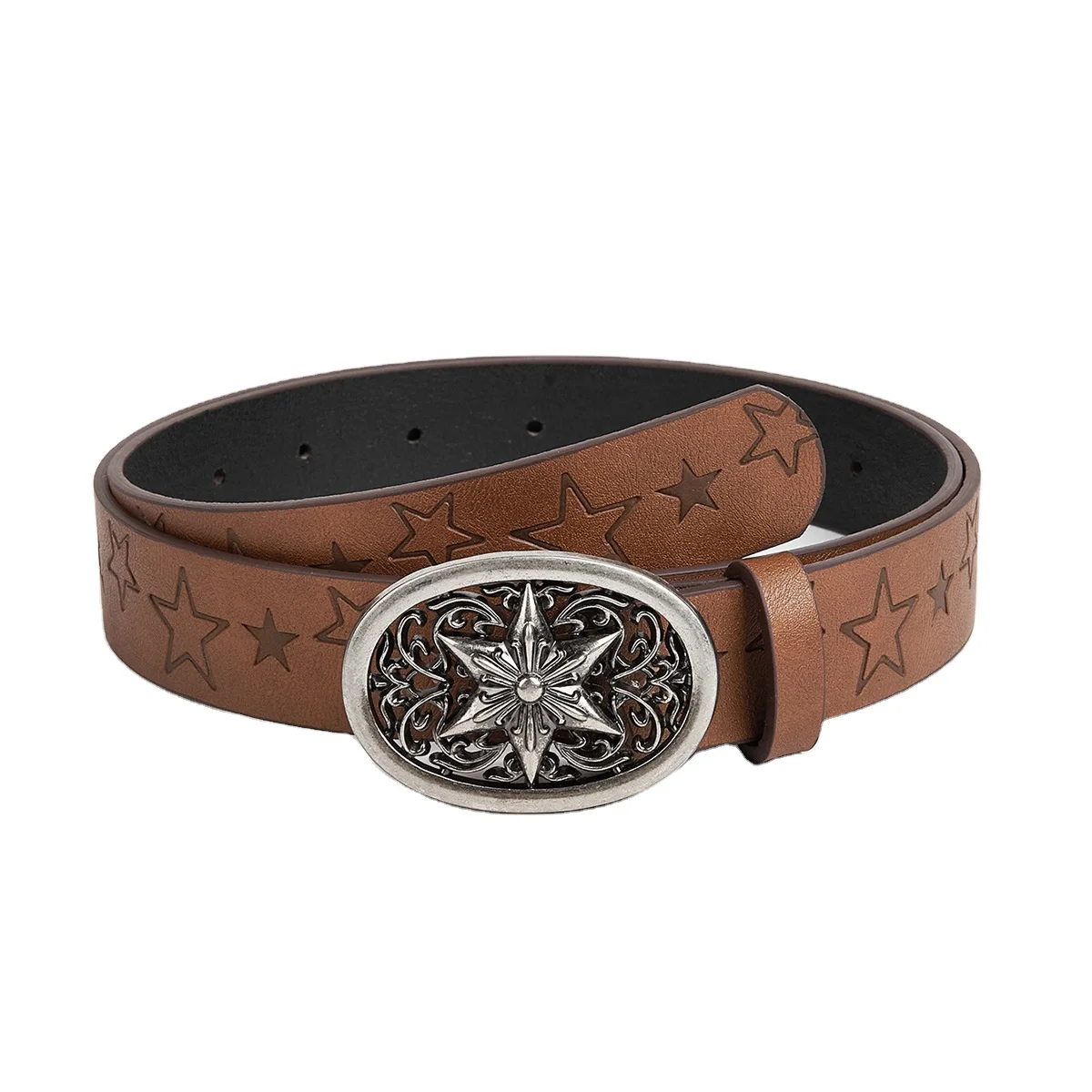 Wholesale 2.8cm Men and Women Universal Brown Texture Stars Press Buckle Belt Star Print Pattern Pu Belt