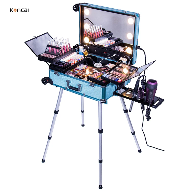KONCAI Aluminum Make-up Case Artist Professional Rolling Trolley Beauty Makeup Cosmetic Case with Mirror Light