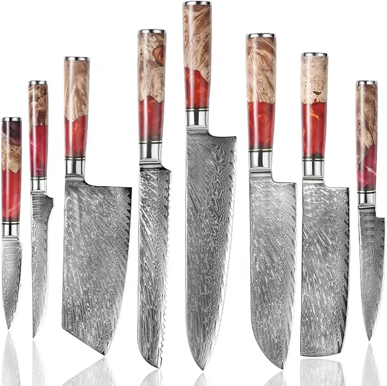 Damascus Steel Kitchen Knives Set Red Resin Stabilized Wood Handle Chef Knife Slicing Bread Boning Santoku Knives