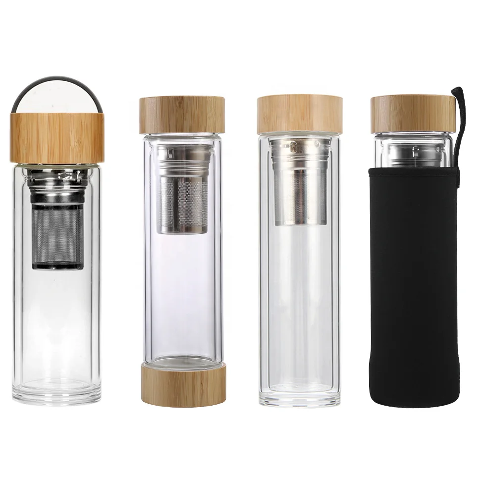 Не содержит Бисфенол А 500 мл с двойными стенками Чай infuser стеклянная бутылка для воды фильтром бамбуковой крышкой герметичные пищевой