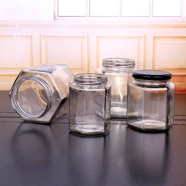 50ml 80ml 100ml 200ml 380ml 730ml hexagon glass honey jar cheap jam jars with metal lids