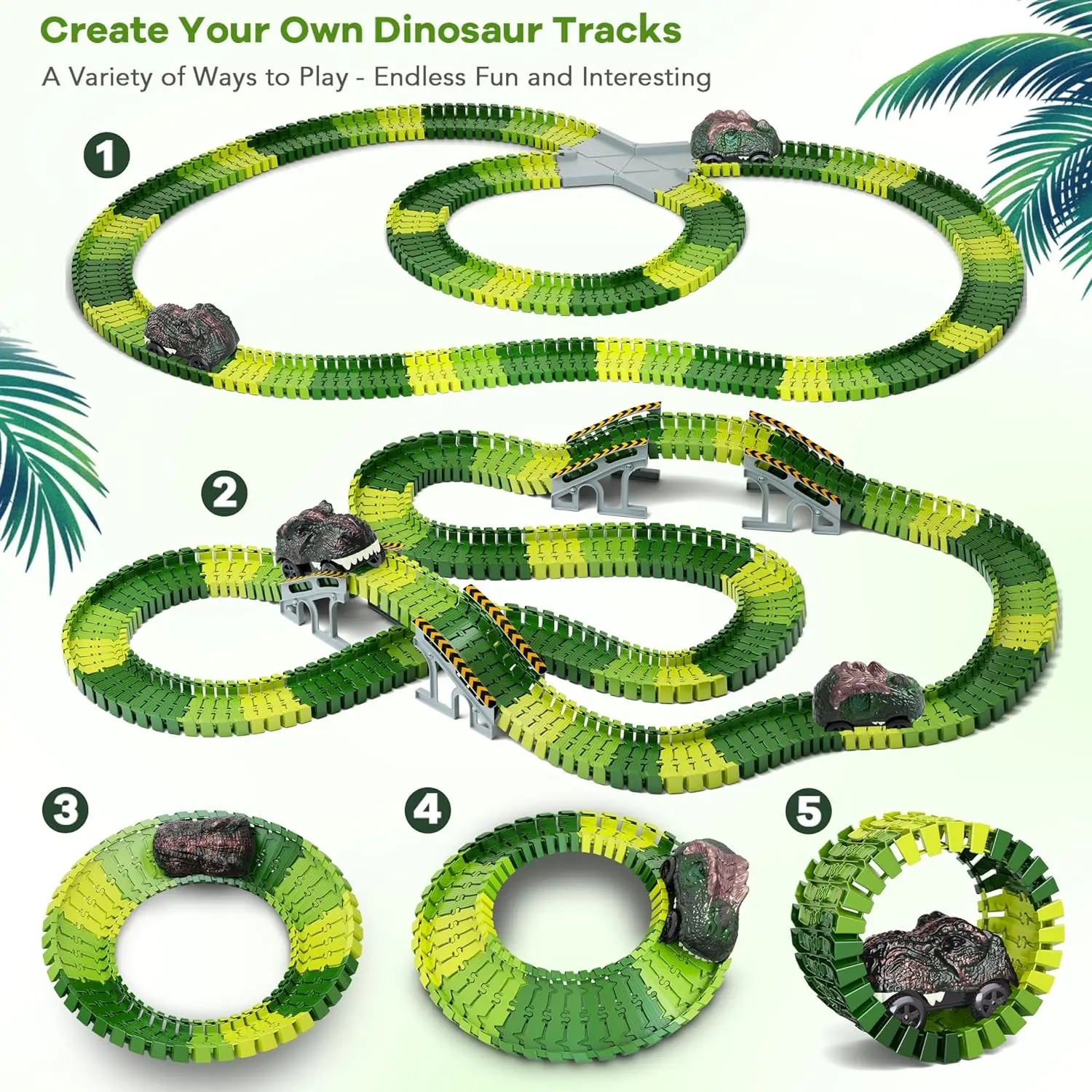 Dinosaur Toys 252pcs Create A Dinosaur World Road Race Flexible Track Play set and 2 pcs Cool Dinosaur car for Boys Girls