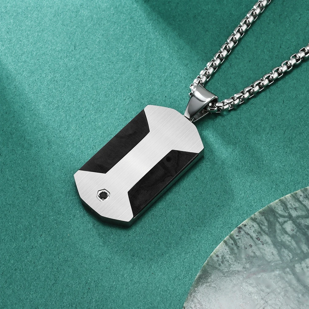 Alin Stainless Steel Black Carbon Fiber Inlay Necklace for Men Cz Stone Pendant Custom Jewelry For Him