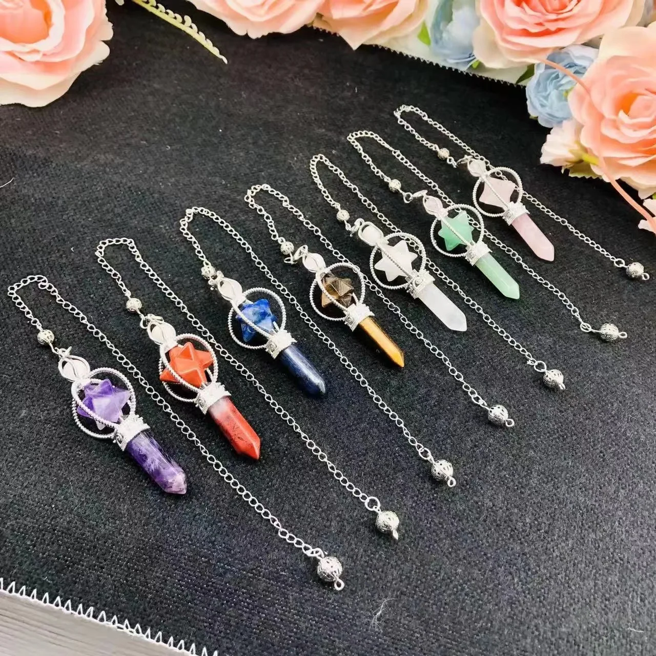 Wholesale Spinning Merkaba Amethyst Gemstone Healing Crystal Pendulum Necklace for Divination Relaxation Spiritual Pendulo PD063