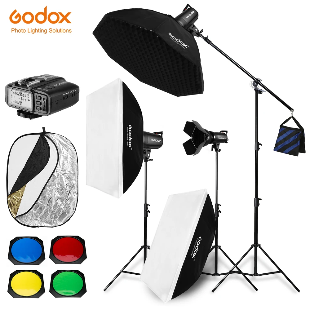 1200W Godox SK400 II 3x 400W Photo Studio Flash Lighting + Softbox +Light Stand + Studio Boom Arm Top Light Stand