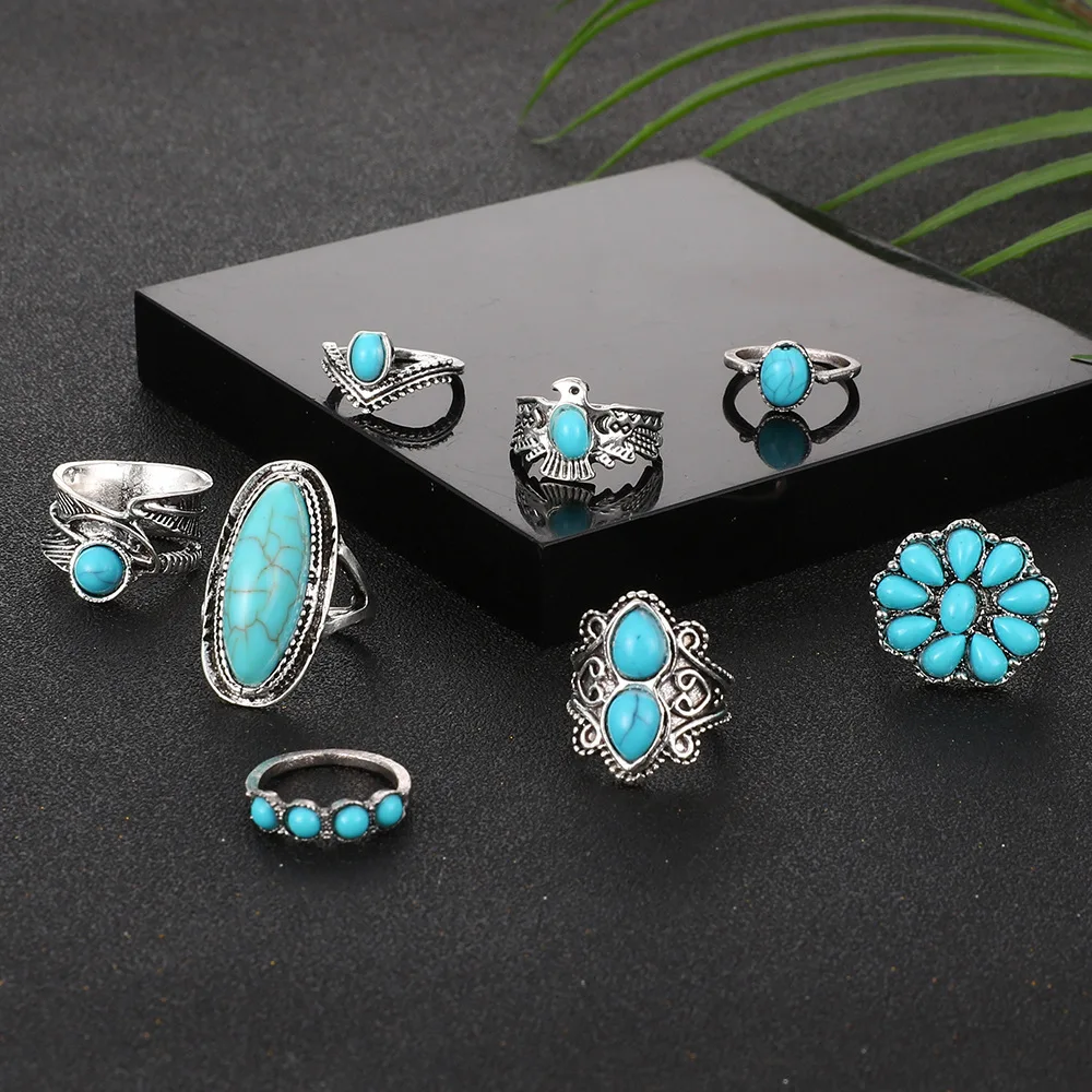 7/8/9Psc/Set Personalized Emerald Natural Stone Fashion Ethnic Vintage Style With Turquoise Carved Feather Ring Jewelry Ring Set