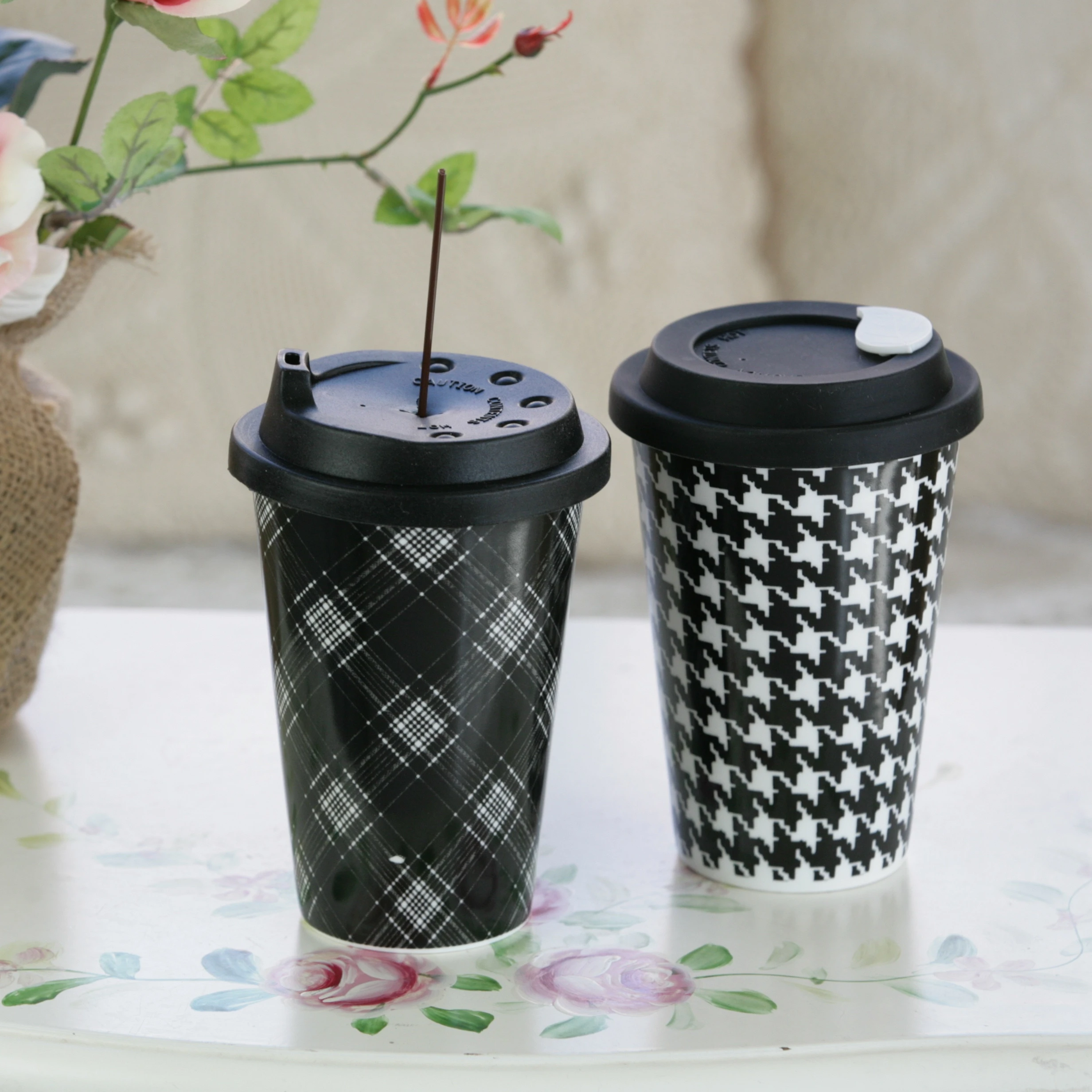 Porcelain Insulated Travel Mug with Silicon Lid Non-Slip Sleeve