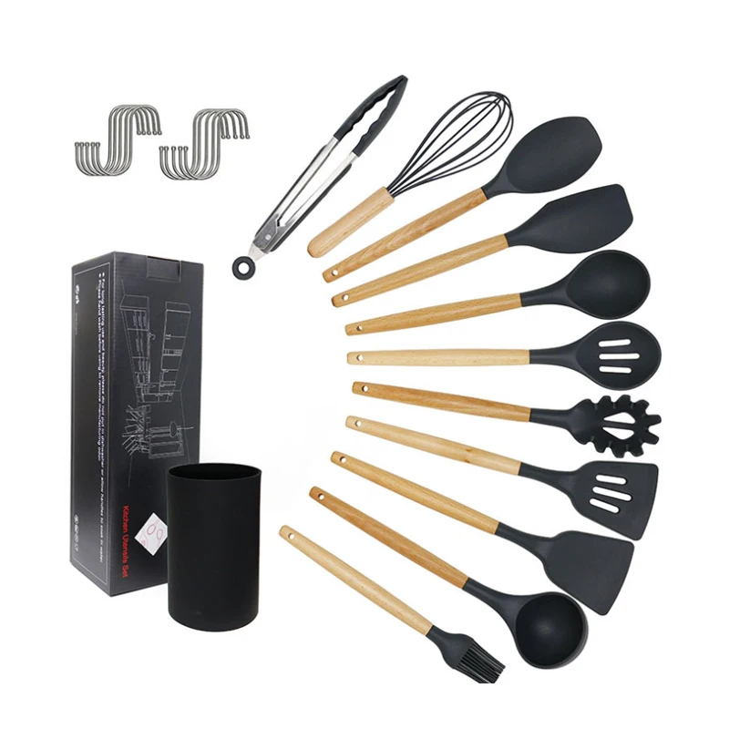 Food Grade Eco Friendly Silicone Kitchen Utensil Set With Wooden Handle Cooking Utensil Set